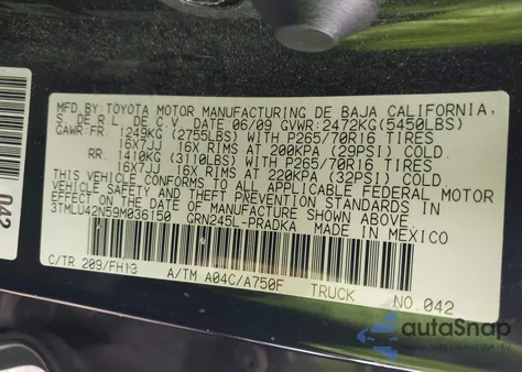 2009 Toyota Tacoma Base V6 from USA, damaged, VIN 3TMLU42N59M036150